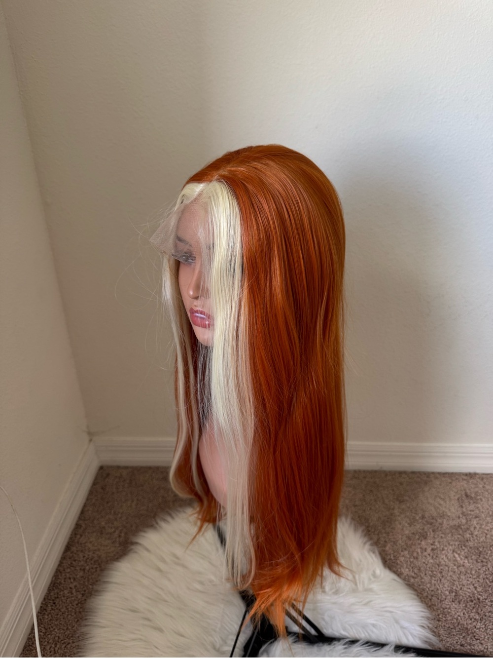 Long Copper Wig with Blonde Face-Framing Streaks - Women’s Synthetic Hair 24inch